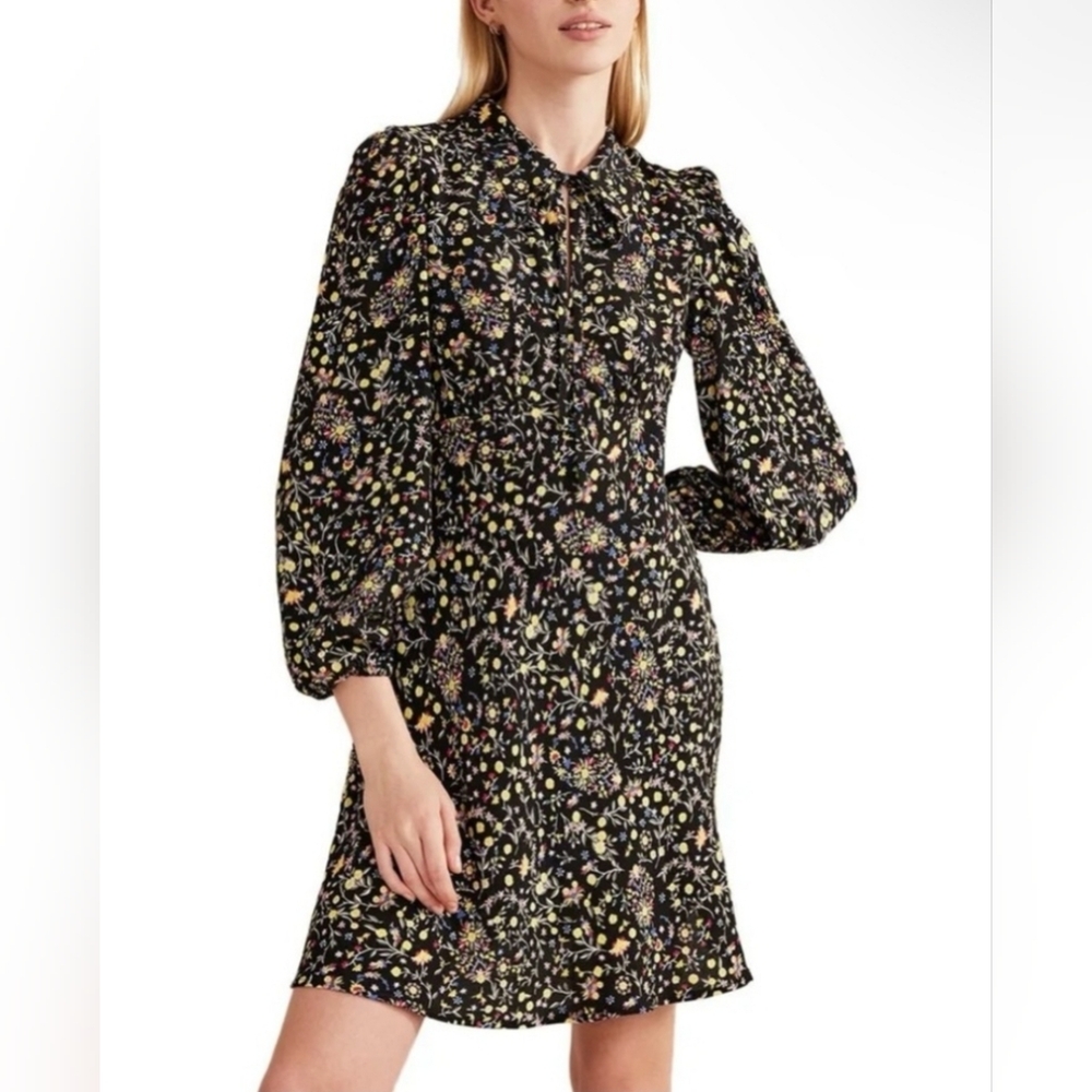 Boden Preppy Tie Neck Mini Shirt Dress Black Size 10